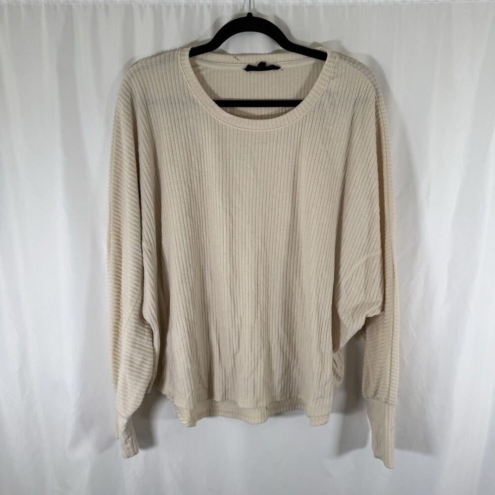 Jane Delancey Blouse Women's Large Beige Ribbed Long Sleeve Pullover Round Neck